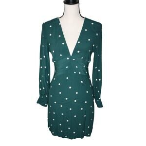 TOPSHOP Women's Size 4 Polka Dot Green Dress Long Sleeve V-Neck A-Line Mini